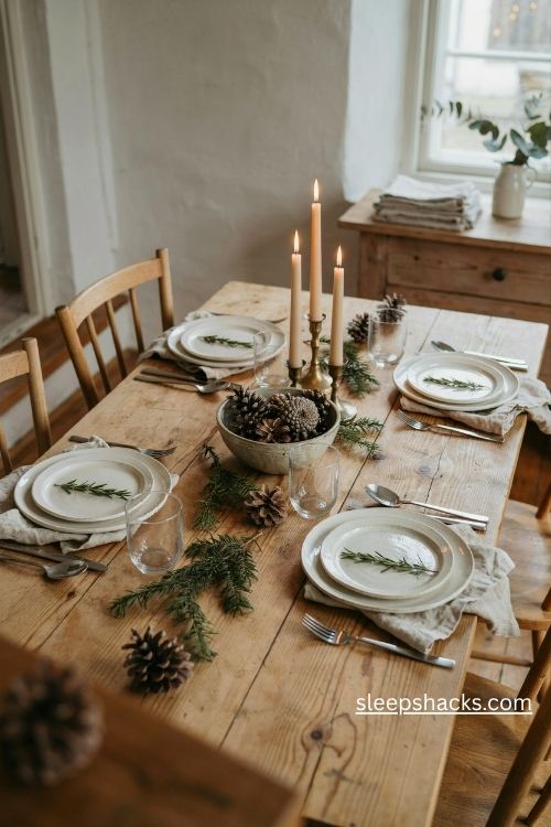 Cream stoneware christmas plates on a rustic farmhouse table with linen napkins and rosemary