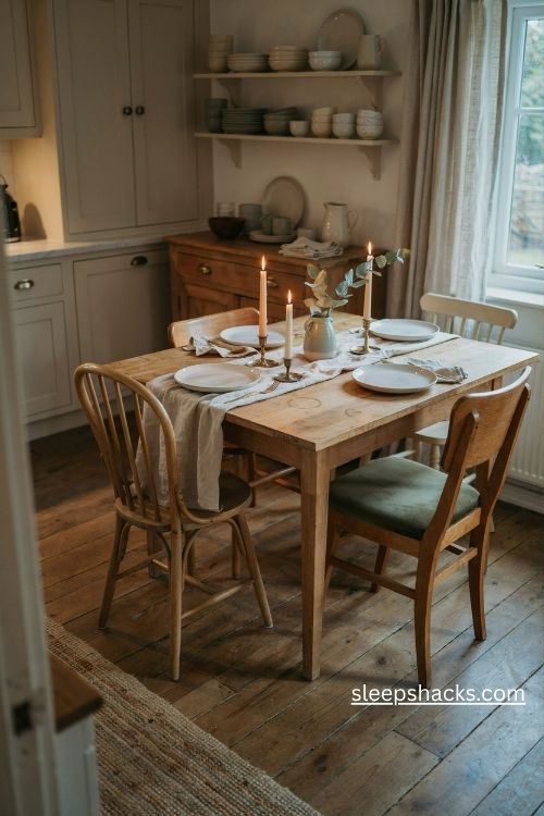 Cream taper candles in brass holders on a cozy rustic farmhouse kitchen table