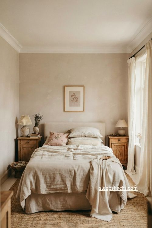 Creamy beige bedroom colour ideas with soft pink undertones and warm sunlight