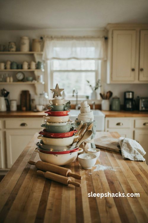 Creative DIY Christmas tree centerpiece made from vintage mixing bowls and wooden kitchen utensils