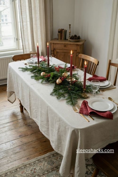 Crisp white linen christmas tablecloth with red napkins candles and greenery