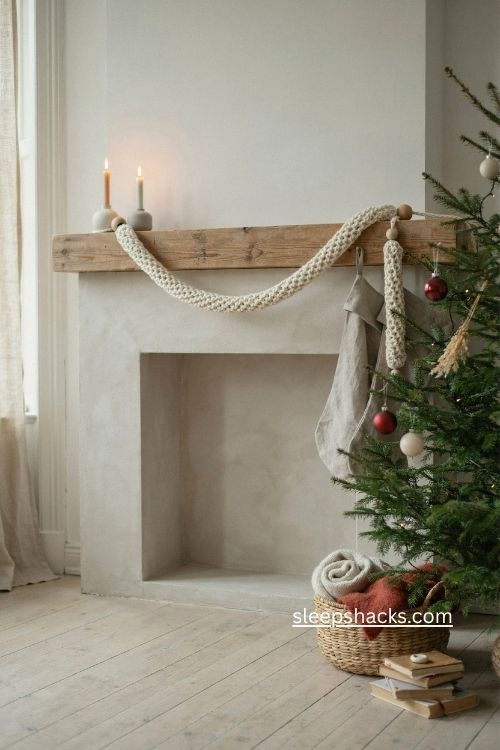 Crochet Christmas garland with Scandinavian cream yarn and wood beads