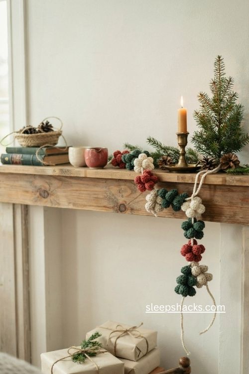 Crochet Christmas tree and star garland in red green and cream