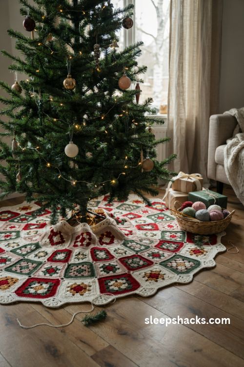 Crochet granny square christmas tree skirt pattern in red green cream and gold
