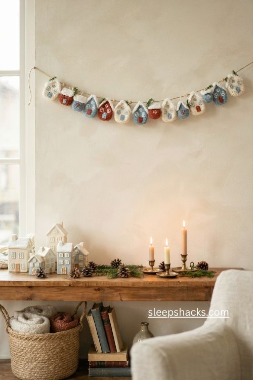 Crochet little houses Christmas garland with snowy roofs in cream rust and blue