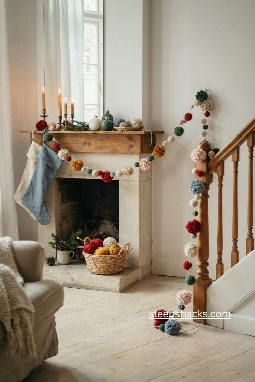 Crochet pompom and mini ball Christmas garland in colorful leftover yarn