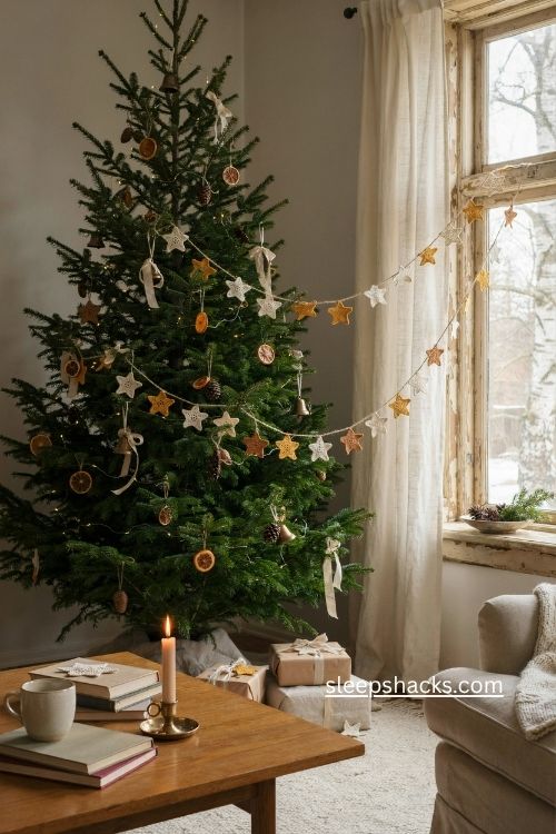 Crochet star Christmas garland in cream gold and soft yellow