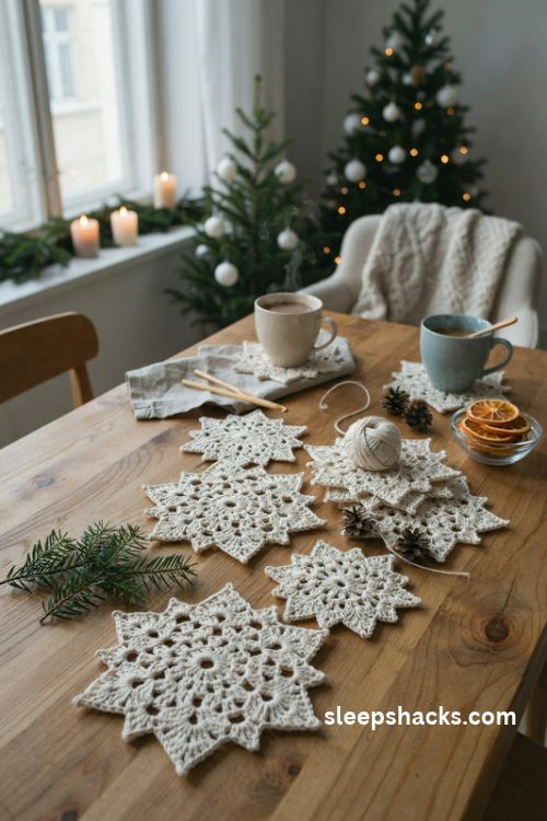 Crocheted snowflake Christmas coasters in white ivory and pale blue cotton yarn