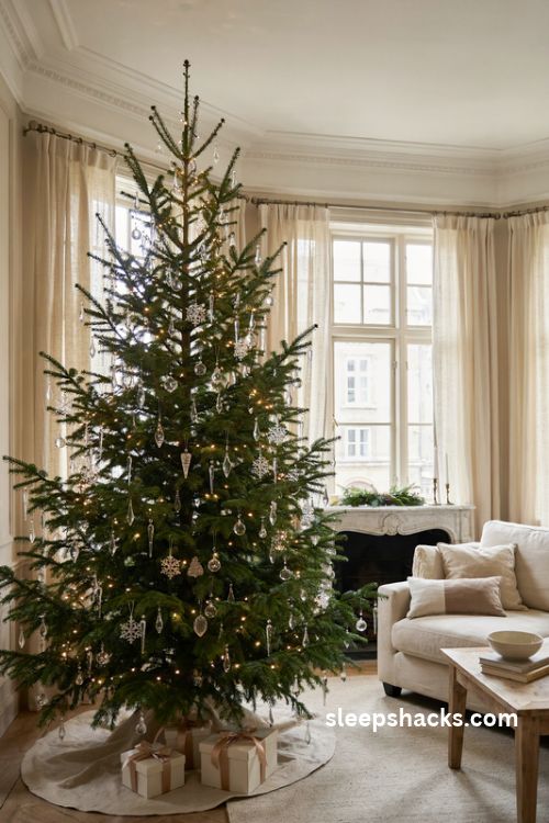 Crystal and cut glass christmas tree ornaments with warm white lights and elegant traditional decor