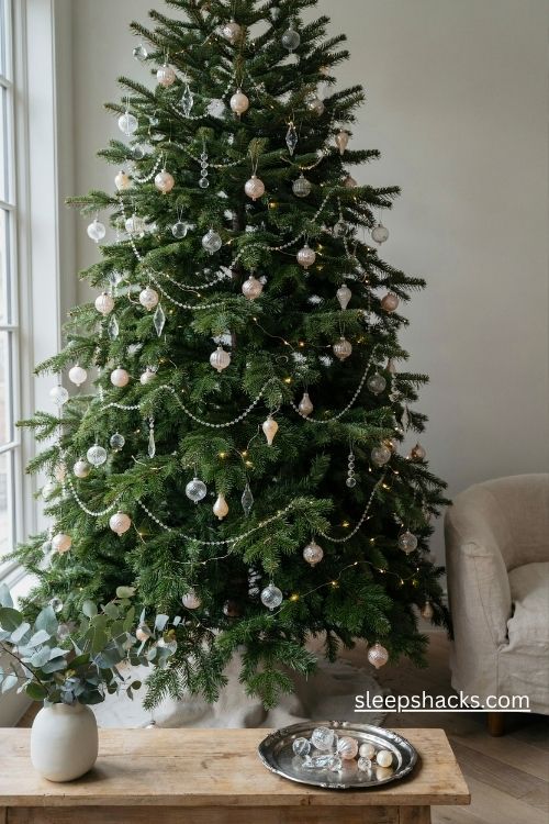 Crystal and rhinestone christmas tree ornament clusters with clear glass drops silver gems and blush pink accents