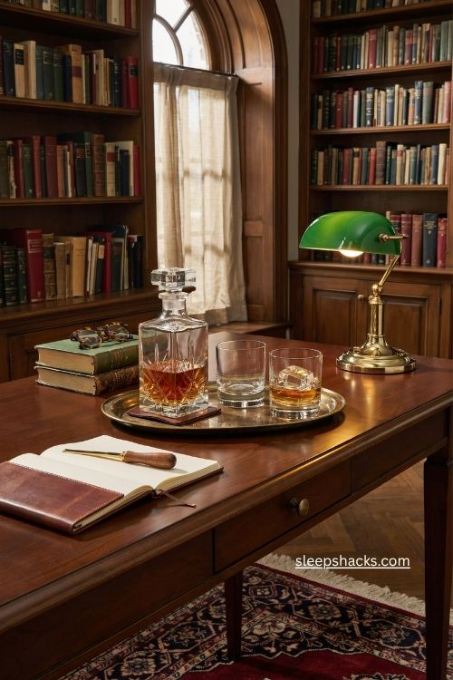 Crystal decanter and glasses on a walnut credenza in a masculine office