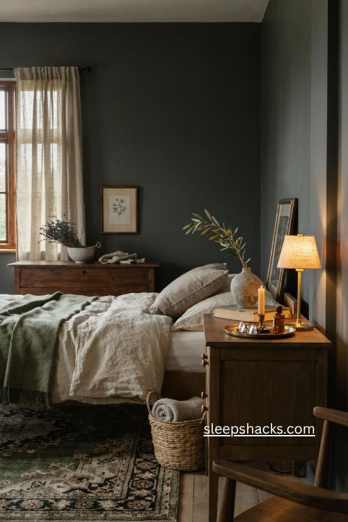 Curated moody bedroom with treasured nightstand decor and deep walls 