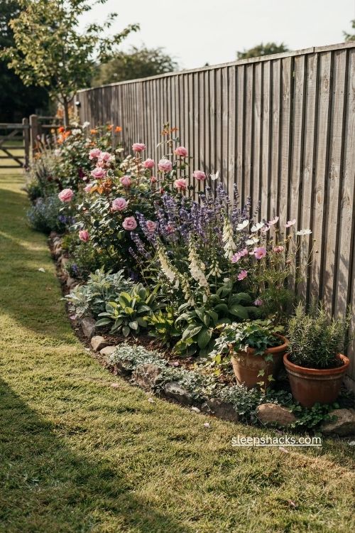 Curved fence line landscaping with soft cottage garden planting