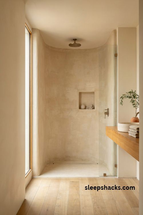 Curved microcement shower corner with warm beige seamless walls and rainfall showerhead
