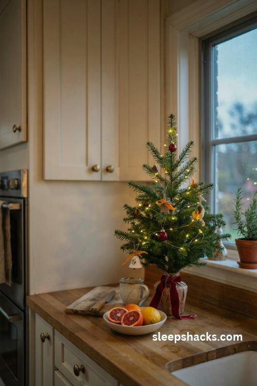 A beautifully composed medium-wide interior photograph of a delicate two-foot tabletop Christmas tree displayed on a clear glass cake stand, styled like a tiny festive dessert on a lovingly collected dining room sideboard. The petite evergreen branches are wrapped in fine warm white micro lights and decorated with miniature glass baubles smaller than an inch in soft cream, dusty blush pink, and antique gold, creating a gentle shimmer without overwhelming the natural shape of the tree. A folded ivory linen napkin is tucked discreetly around the base, concealing the cake stand's rim while allowing the transparent glass pedestal to catch and reflect the golden glow. Nearby, a pair of aged brass candleholders, softly flickering ivory taper candles, a small vintage ceramic dish, and a casually draped linen runner add the feeling of a home slowly being prepared for the holidays. Elegant vintage cottage styling with understated European Christmas charm, delicate traditional details, and a collected-over-time sensibility rather than a perfectly coordinated showroom arrangement. A restrained palette of creamy ivory, muted blush, soft antique gold, deep evergreen, and warm natural wood creates a romantic, gentle holiday atmosphere. Fine glass ornaments, slightly irregular evergreen tips, translucent reflections in the cake stand, softly rumpled linen, and the subtle patina of old candleholders provide realistic tactile detail and quiet character. Late-afternoon winter light enters through a nearby window, blending naturally with the warm miniature tree lights and candlelight, casting delicate reflections across the glass pedestal and soft, believable shadows onto the surrounding surfaces. The composition feels intimate and effortlessly elegant, with the elevated miniature tree as the clear focal point and enough of the surrounding room visible to make the arrangement feel practical for a sideboard, entryway table, or dining table. Soft colors that change the mood instantly, old textures that add warmth and depth, simple details that create lasting charm. The mood is sweet, nostalgic, softly romantic, and welcoming, capturing the simple pleasure of turning an everyday glass cake stand into an unexpected little Christmas centerpiece that feels special without being expensive or overdecorated. no people, no text, no watermarks, no blur, no bokeh, no soft focus, all surfaces in sharp focus, every corner and detail clearly visible, photorealistic, ultra-realistic, 4K resolution, editorial interior photography, Pinterest-worthy, high click-through appeal