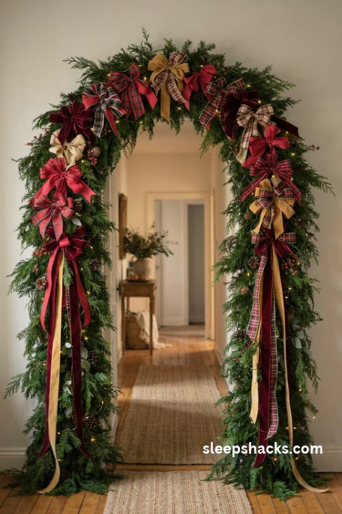 DIY Christmas arch with cascading red plaid and velvet ribbon bows
