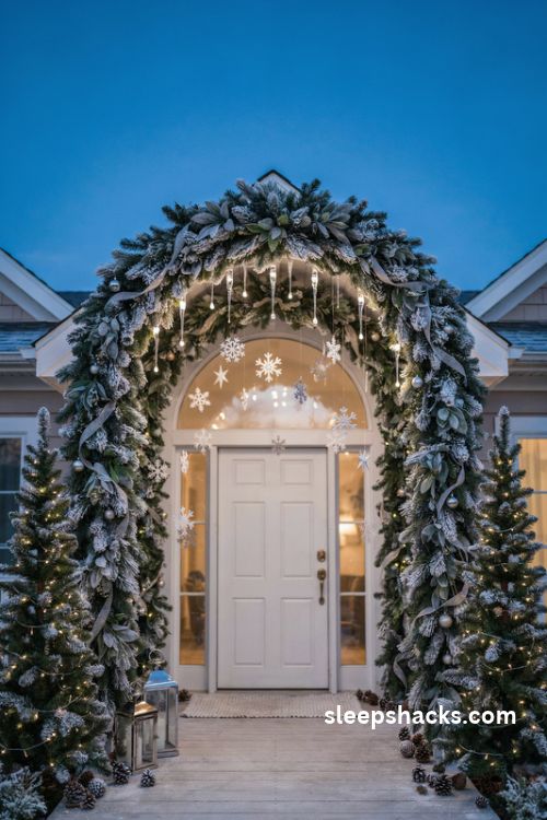 DIY Christmas arch with cool white icicle lights and hanging snowflakes