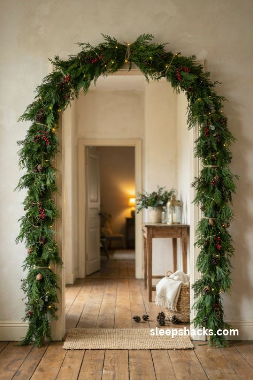 DIY Christmas arch with evergreen garland and warm fairy lights