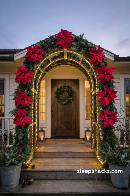 DIY Christmas arch with warm white rope lights and red poinsettias