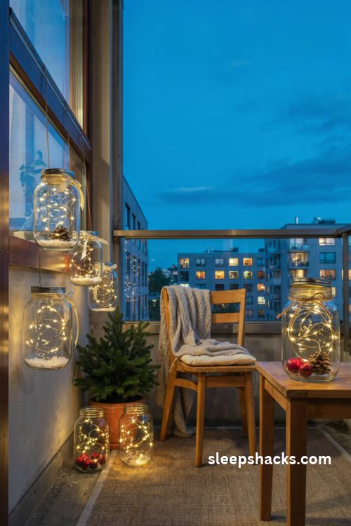DIY Christmas jar lights with fairy lights pine cones and twine on a cozy balcony