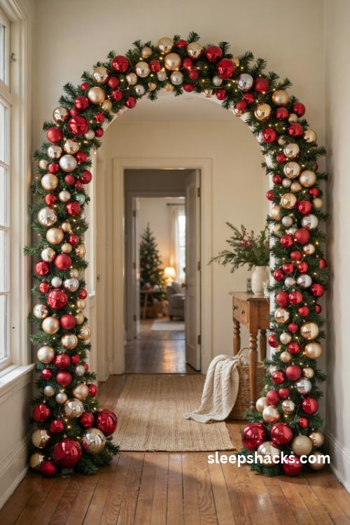 DIY Christmas ornament cascade arch in red gold and silver