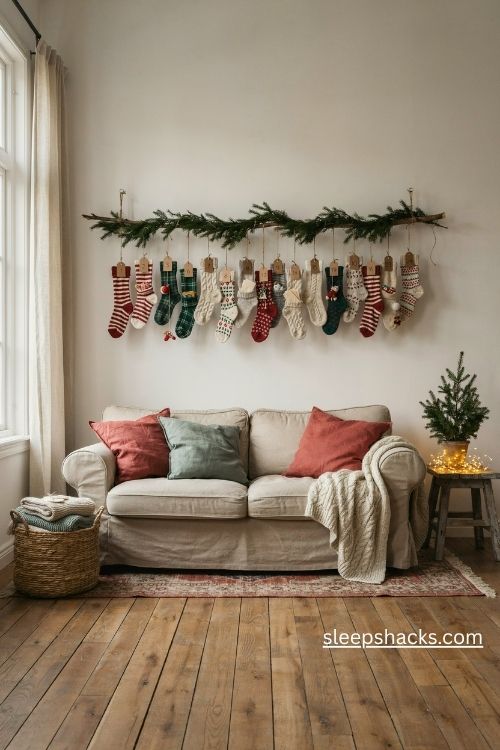 DIY Christmas sock advent calendar with 24 mini stockings on a rustic branch