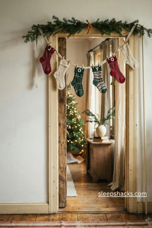 DIY Christmas sock banner spelling joy with red knitted stockings and white felt letters