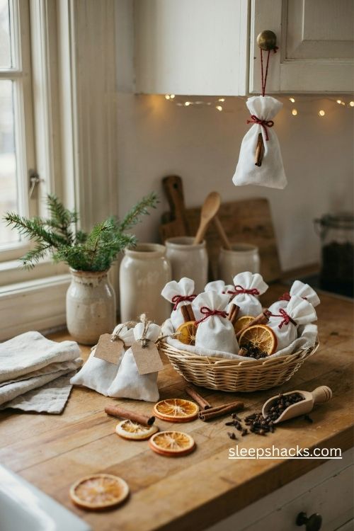 DIY Christmas sock sachets filled with cinnamon cloves and dried orange slices