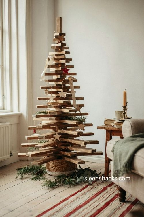DIY Christmas tree with simple pine wood and handmade holiday decor