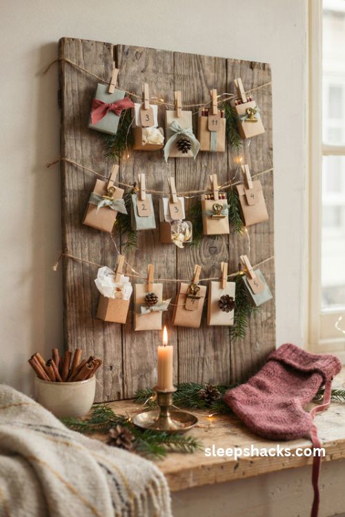 DIY advent calendar boxes with kraft paper packages and rustic christmas decor