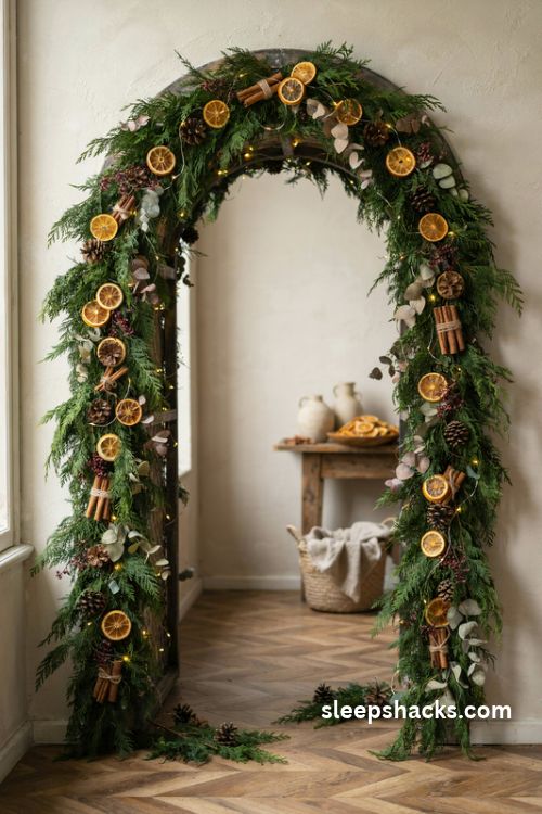 DIY cedar and dried orange Christmas arch with cinnamon sticks
