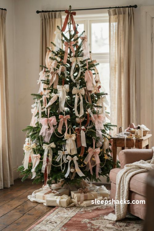 DIY coquette Christmas tree with handmade blush satin velvet and organza ribbon bow ornaments
