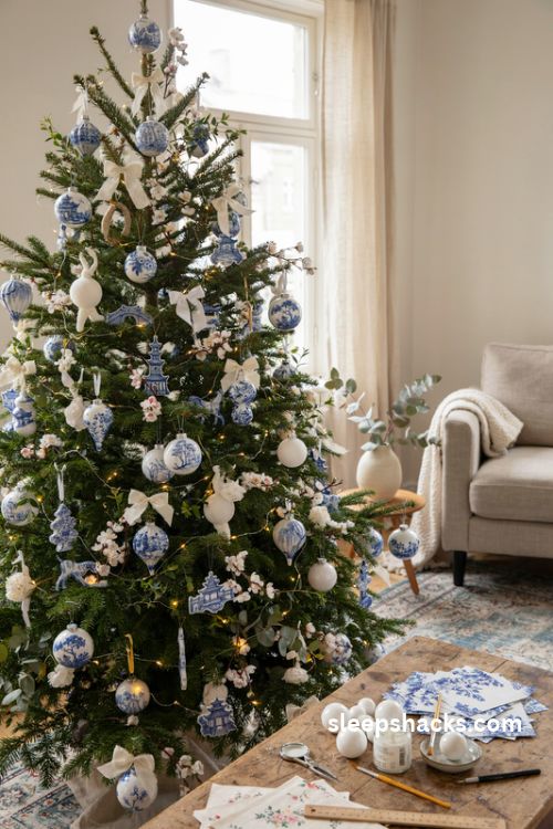 DIY decoupage chinoiserie Christmas ornaments with blue and white pagoda and willow tree patterns