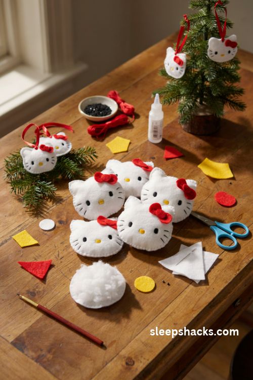 DIY felt Hello Kitty face Christmas ornaments with red bows embroidered whiskers and ribbon loops