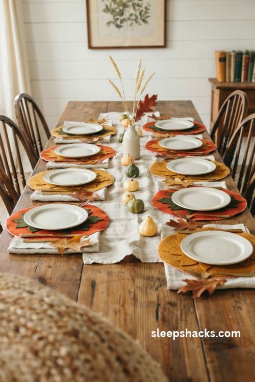 DIY felt placemats with layered autumn leaves in burnt orange mustard and forest green on a cozy farmhouse dining table