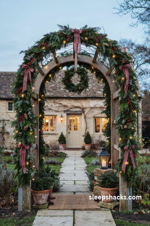 DIY garden arbor Christmas makeover with evergreen garland and warm lights