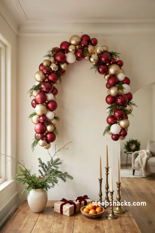 DIY giant Christmas ornament garland arch in red gold and cream