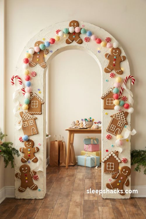DIY gingerbread candy Christmas arch with colorful gumdrops and frosting details