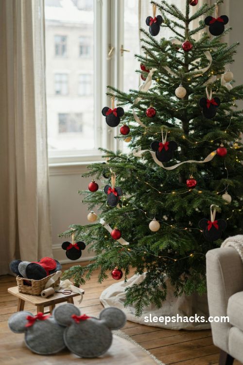 DIY minnie mouse christmas tree with handmade black felt mouse ear ornaments and tiny red bows