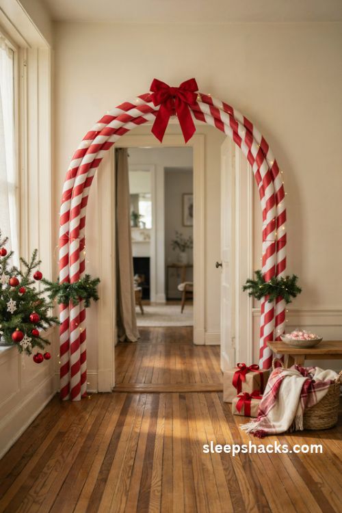 DIY pool noodle candy cane Christmas arch with red and white ribbon