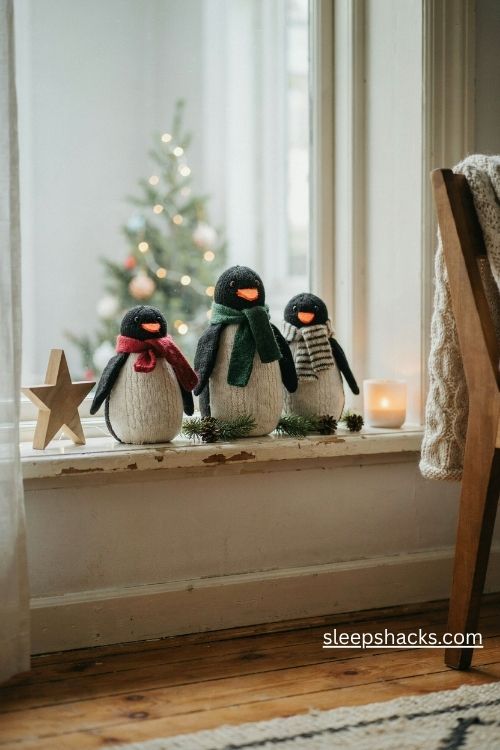 DIY sock penguins with colorful knitted scarves lined up on a cozy Christmas windowsill