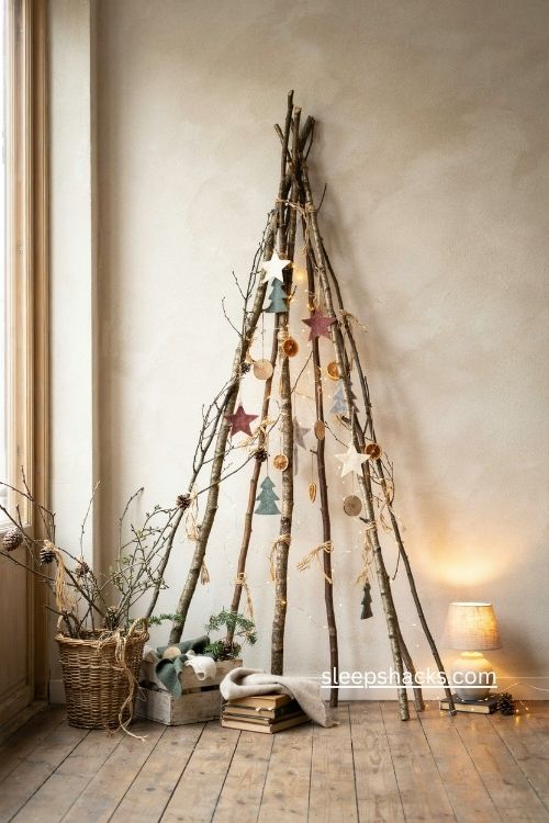 DIY stick Christmas tree made from natural branches and handmade holiday decorations