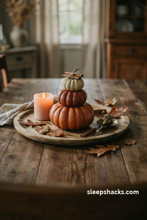 DIY tart mold metal pumpkins in rust orange and cream with cinnamon stick stems on a cozy autumn farmhouse table