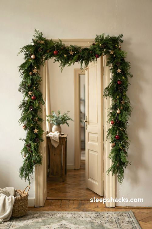 DIY tension rod Christmas garland arch for a rental doorway