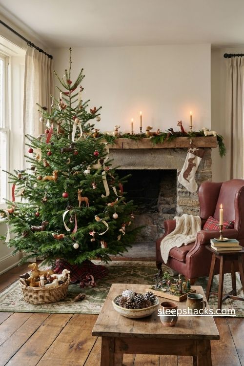 Dachshund christmas decor with woodland animal ornaments red ribbons and cozy vintage accents