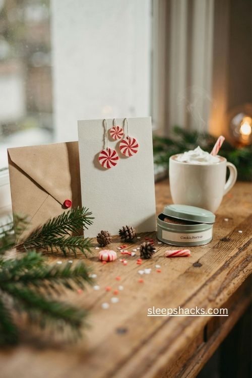 Dangling peppermint die cut Christmas card with red and white candy details