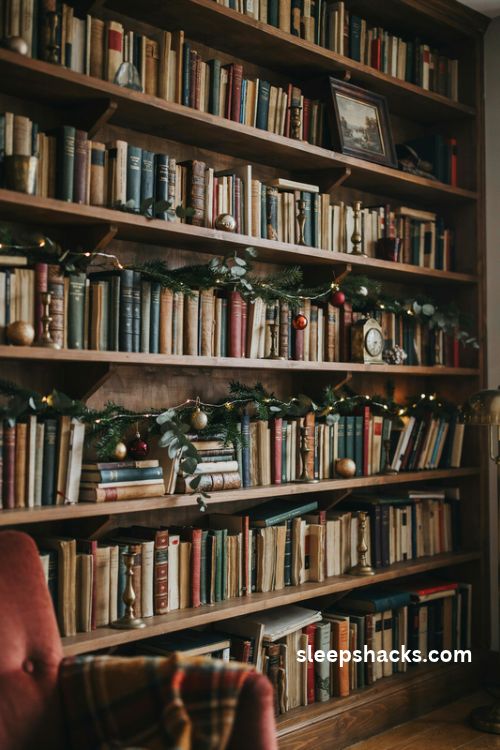 Dark academia christmas bookshelf styling with pine greenery eucalyptus vintage books brass candlesticks and warm fairy lights