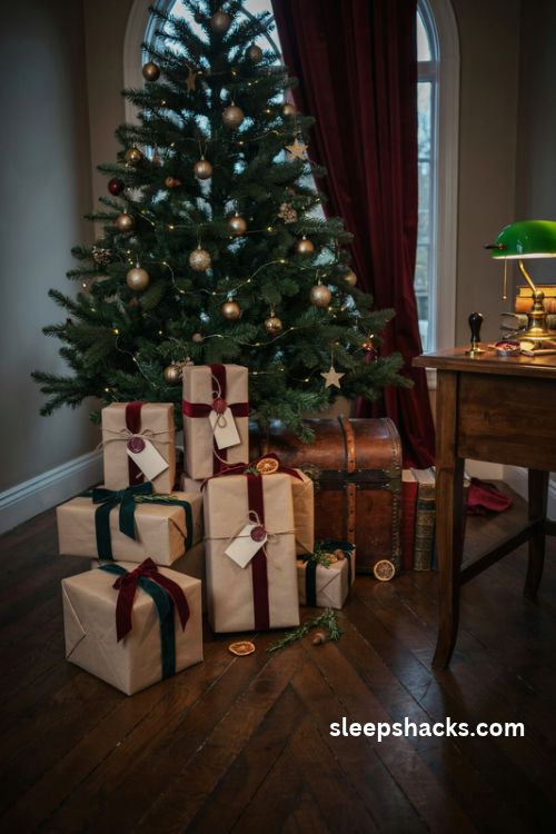 Dark academia christmas gifts wrapped in brown kraft paper with burgundy ribbon wax seals and dried orange slices