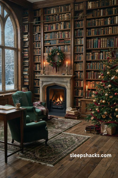 Dark academia christmas living room with antique books, deep green velvet, candlelight, and vintage holiday decor