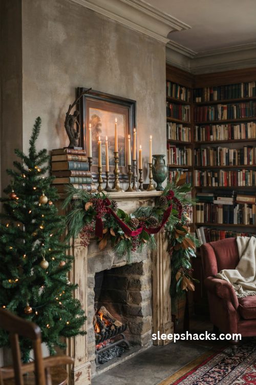 Dark academia christmas mantel with natural greenery antique brass candlesticks burgundy ribbon and vintage books